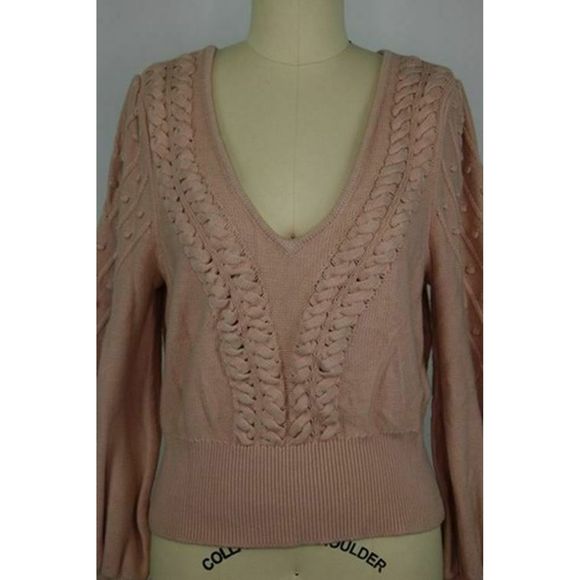 BCBG Crop Bishop Sleeve Sweater sz L in Bare Pink - Picture 5 of 9